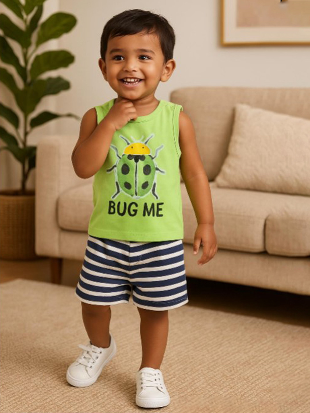 JusCubs Boys Prined T-shirt with Striped Shorts Pure Cotton Clothing Set