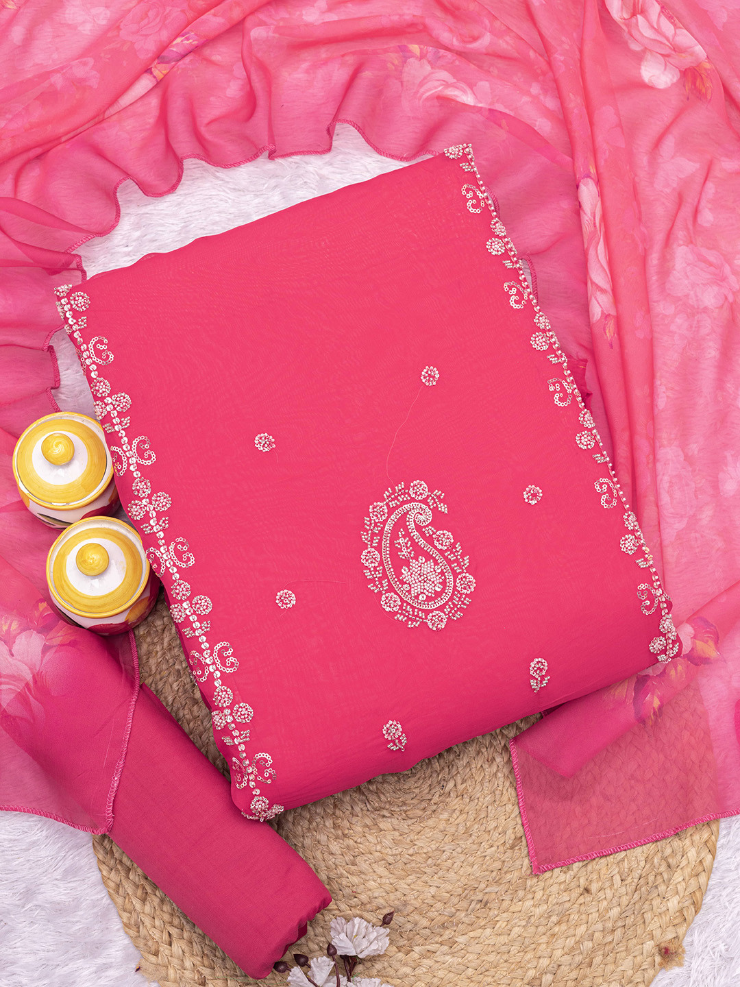 GLOWROAD Embroidered Organza Unstitched Dress Material