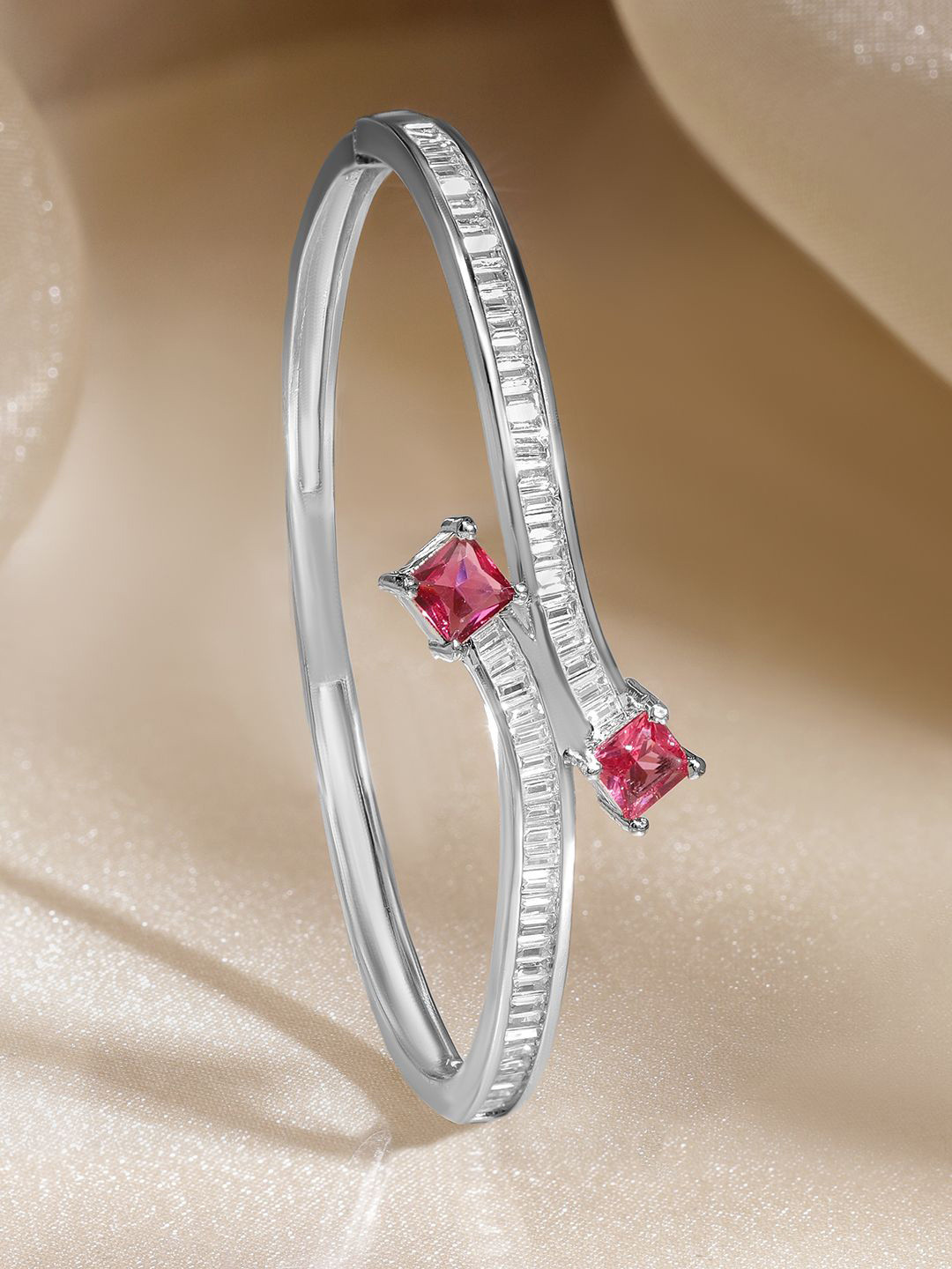 Rubans Rhodium-Plated Brass Classic Minimal Ruby Red & Cubic Zirconia Statement Bracelet
