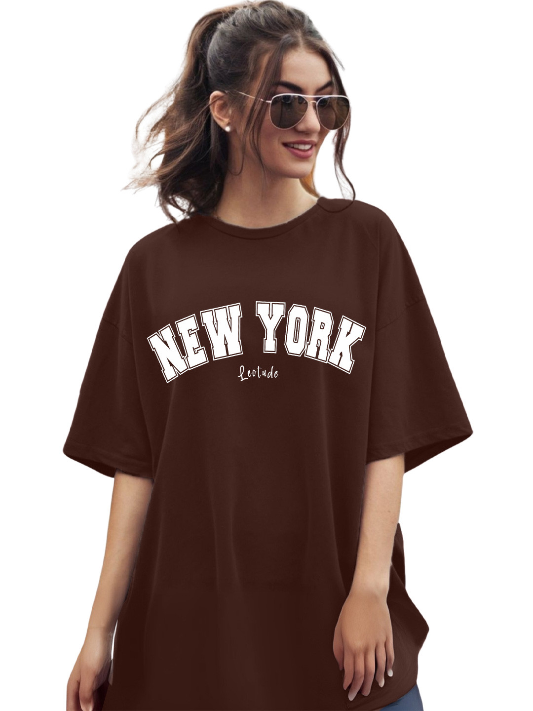 Leotude Typography Printed Round Neck Drop-Shoulder Sleeves Cotton Oversized T-shirt