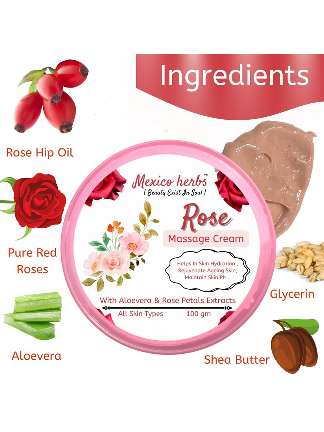 Mexico herbs Rose Massage Cream With Aloe Vera - 100 g