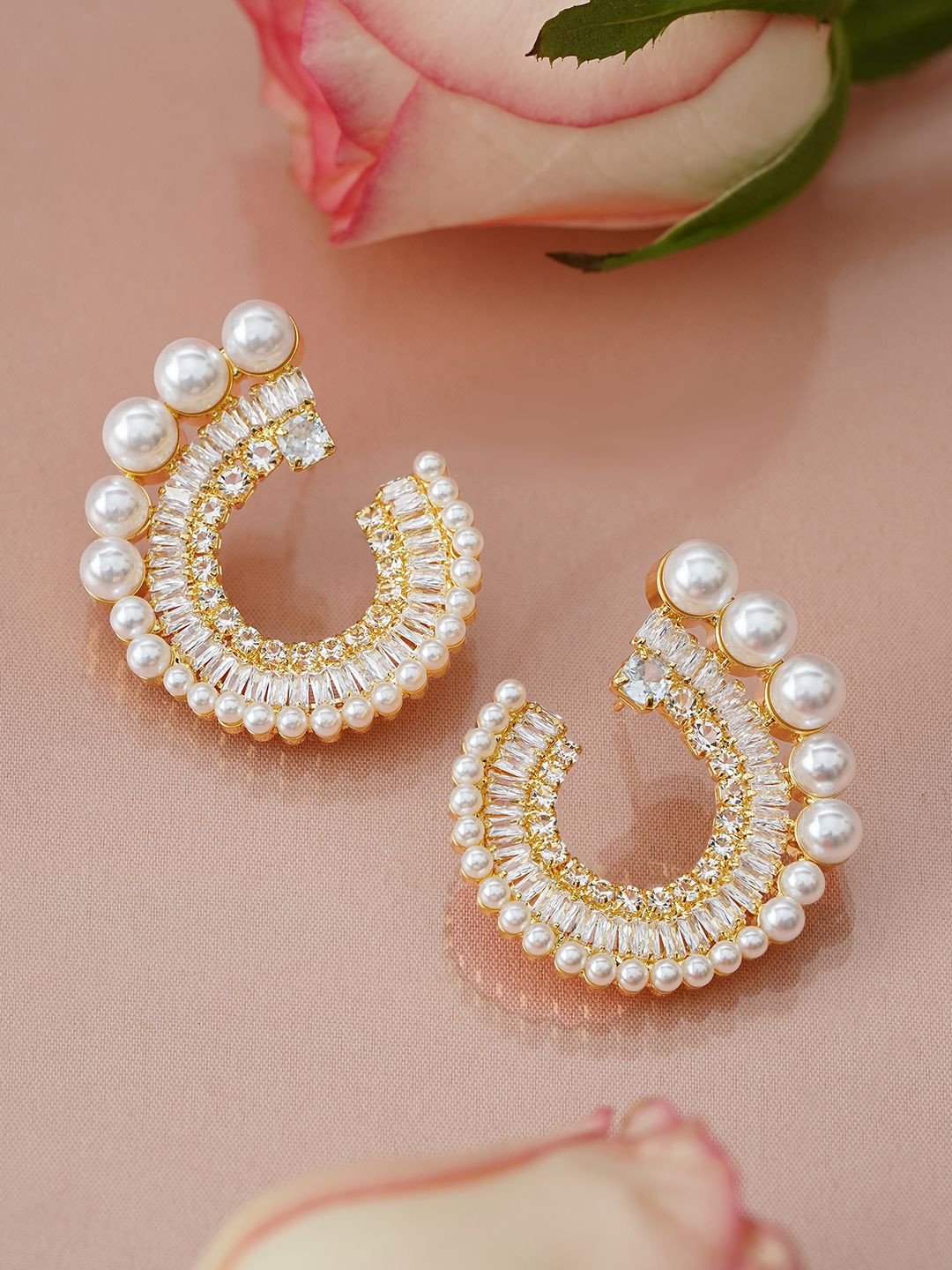 Rubans 18K Gold-Plated White Pearl & Cubic Zirconia Studded Spiral Design Stud Earrings