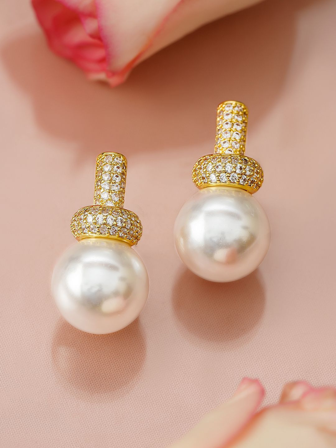 Rubans 18K Gold-Plated White Pearl Drop Minimal Earrings with Cubic Zirconia Accents