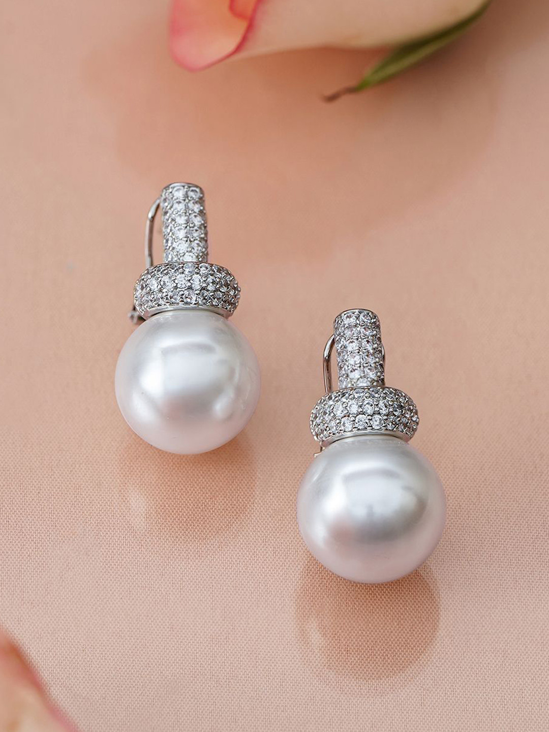 Rubans Rhodium-Plated White Pearl Drop Minimal Earrings with Cubic Zirconia Accents