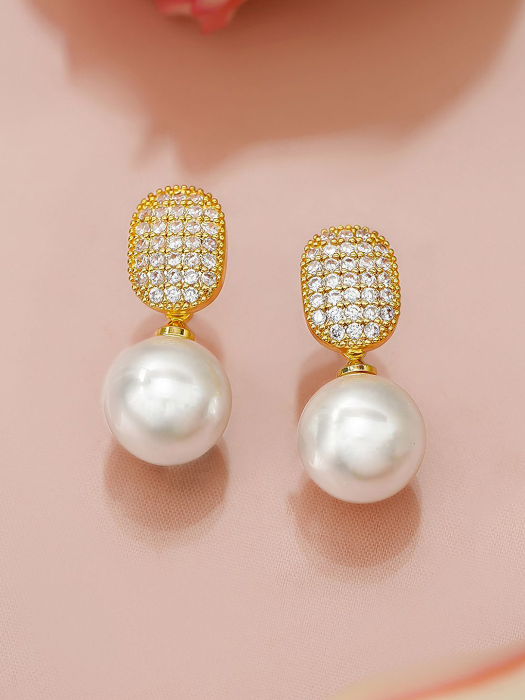 Rubans 18K Gold-Plated Pearl Drop Earrings with Cushion-Shaped Diamond Studded Top
