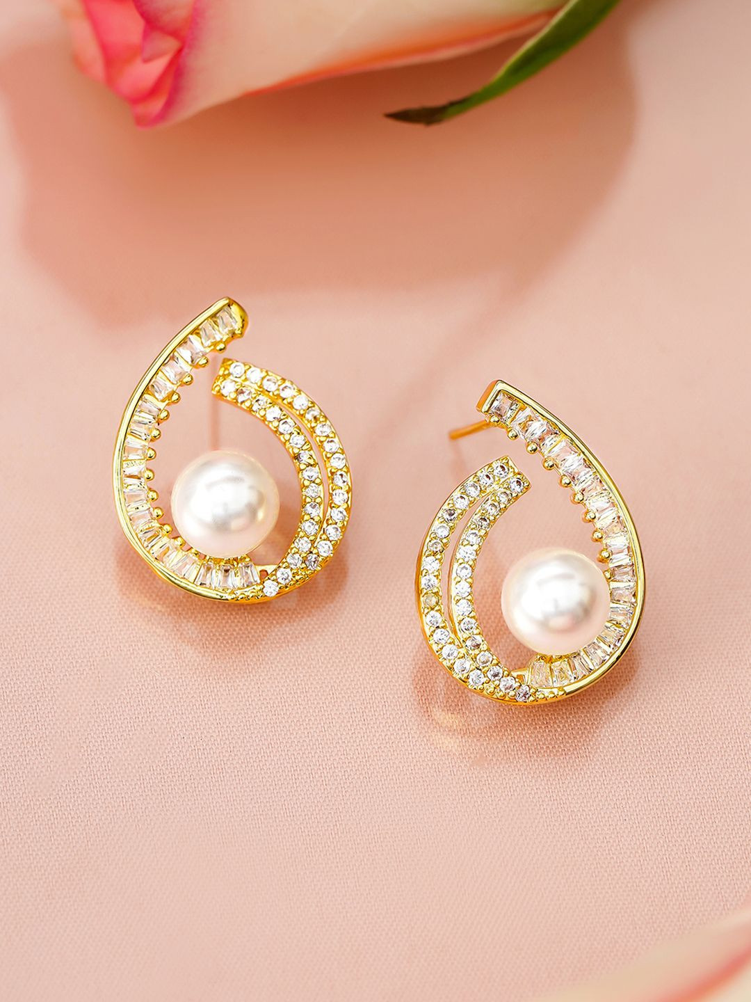 Rubans 18K Gold-Plated Pearl & Cubic Zirconia Studded Swirl Design Stud Earrings