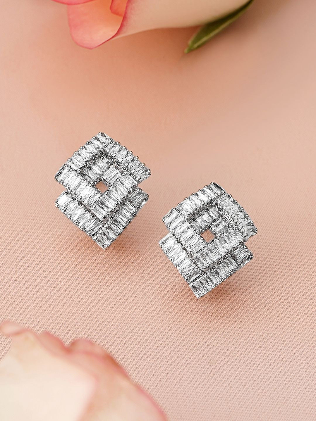 Rubans Rhodium-Plated Baguette Cubic Zirconia Studded Diamond-Shaped Stud Earrings