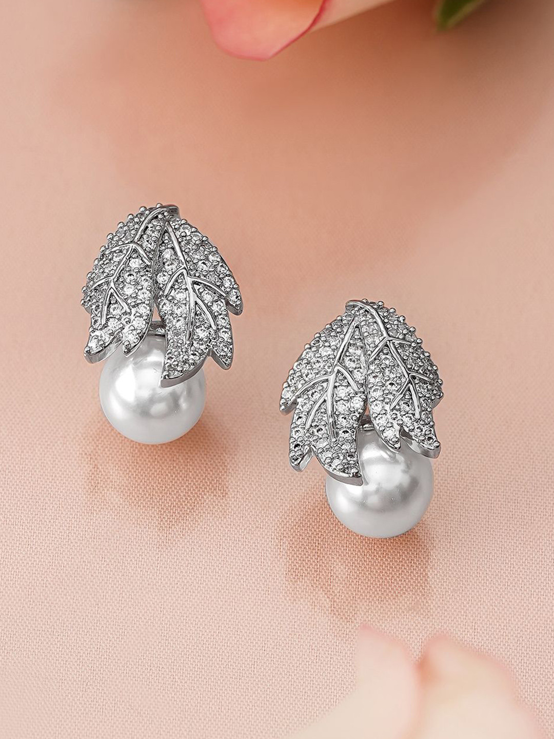Rubans Rhodium-Plated Leaf Design Cubic Zirconia & Pearl Stud Earrings