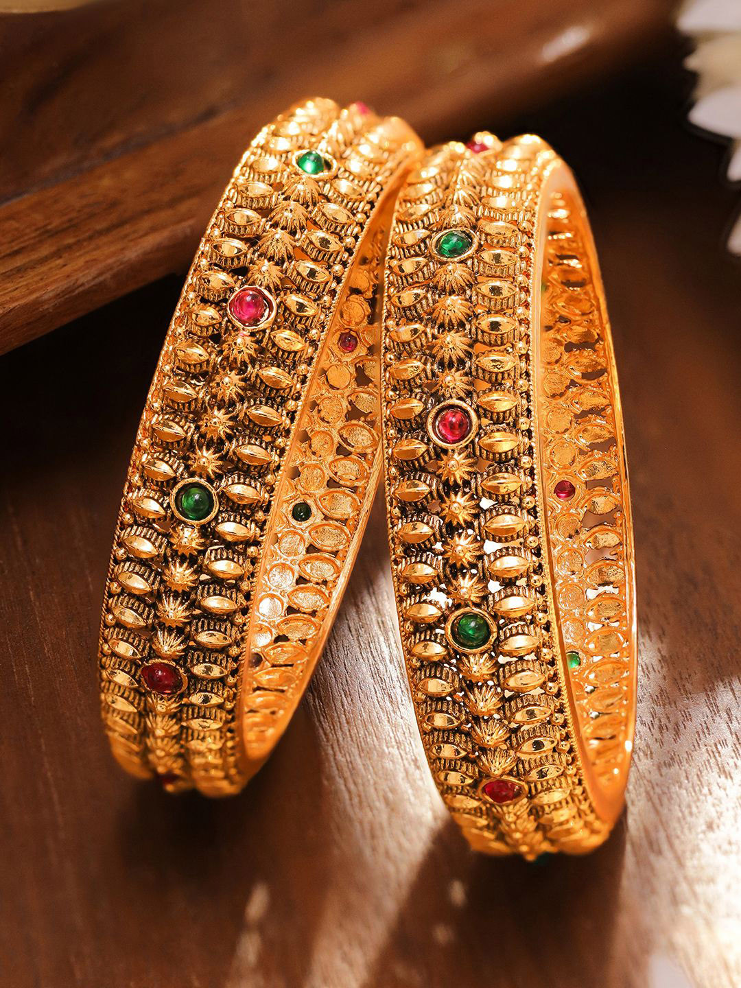 Rubans Set of 2 24K Gold-Plated Ruby & Emerald Studded Golden Beaded Traditional Bangles
