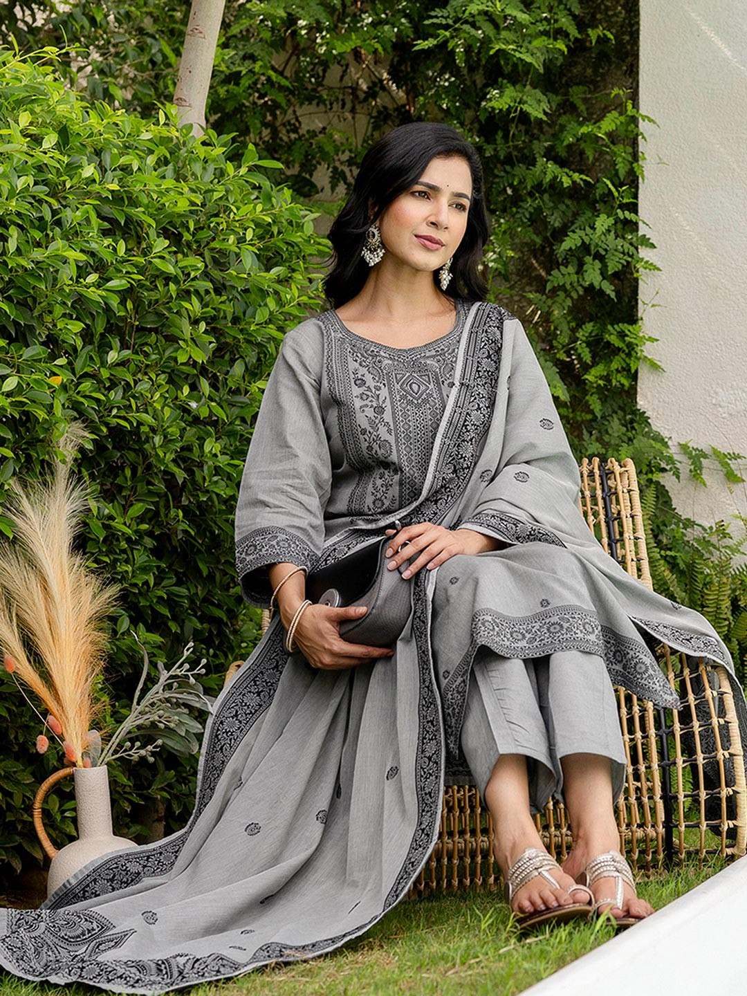 SANISA Women Grey Cotton Blend Kurta Sets