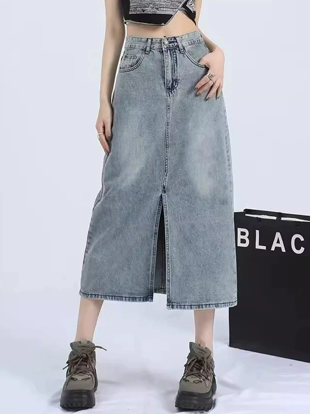LULU & SKY Women Mid-Length Slit Denim Skirt