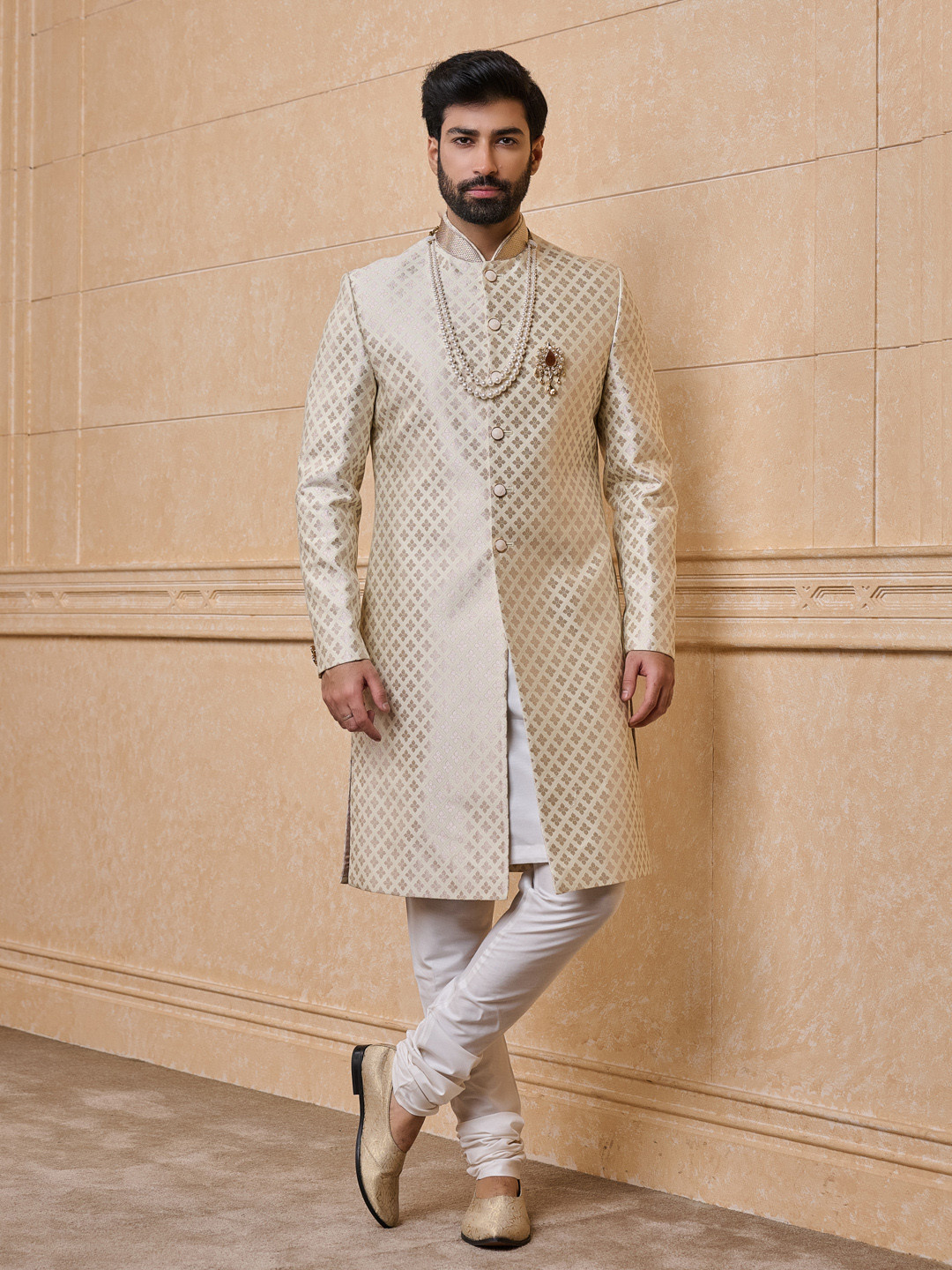 Tasva Men Woven Design Brocade Kurta with Churidar Sherwani Set