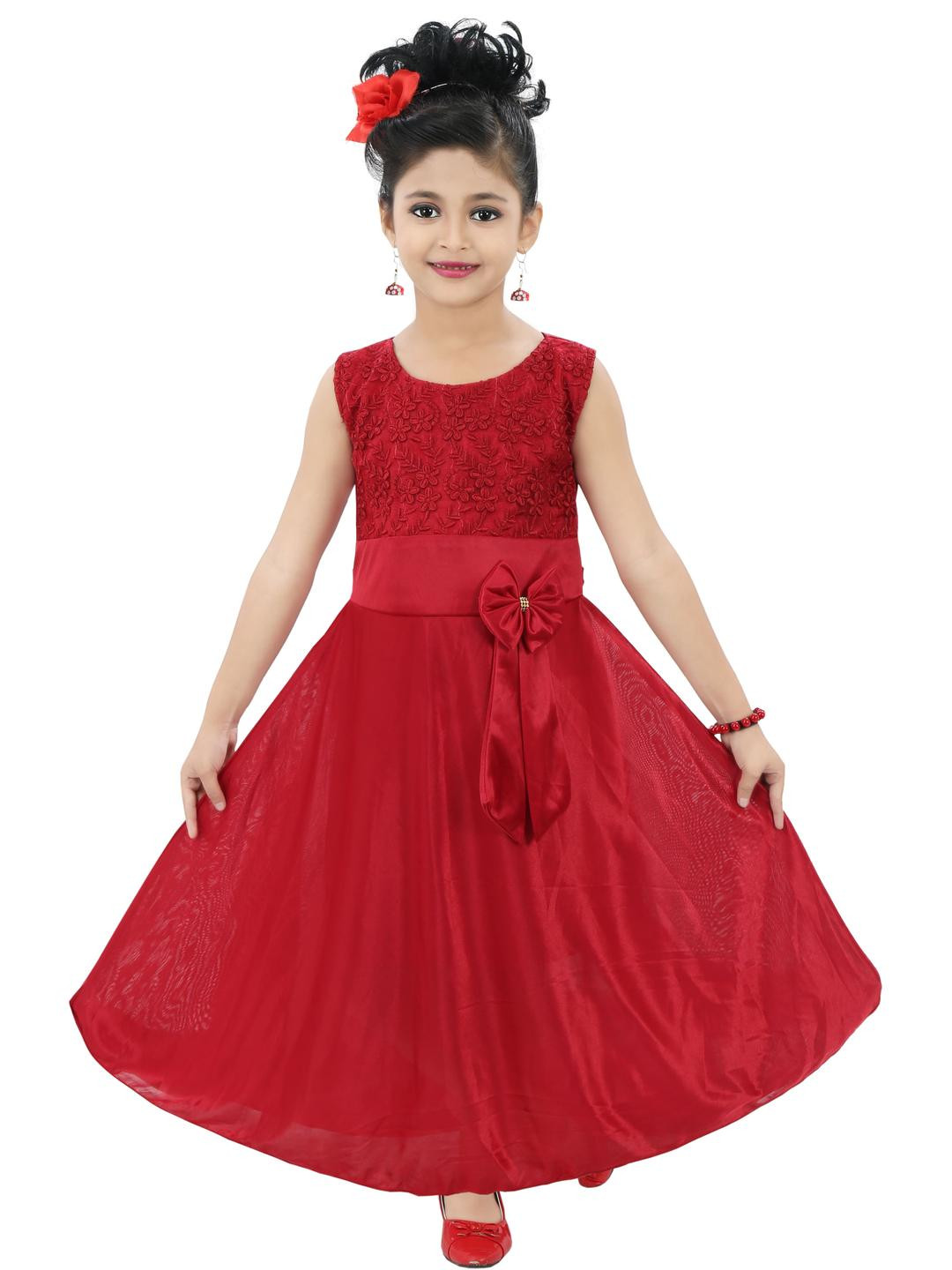 CHANDRIKA Girls Maroon Bow Belt Detail Embellished Full Length Dress