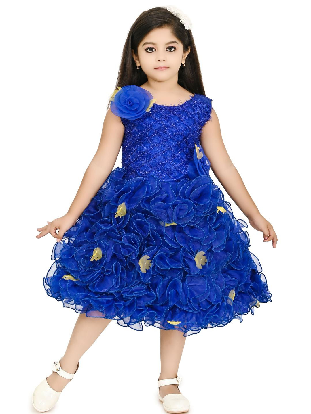 CHANDRIKA Girls Royal Blue Round Neck Sleeveless Party Knee Length Dress