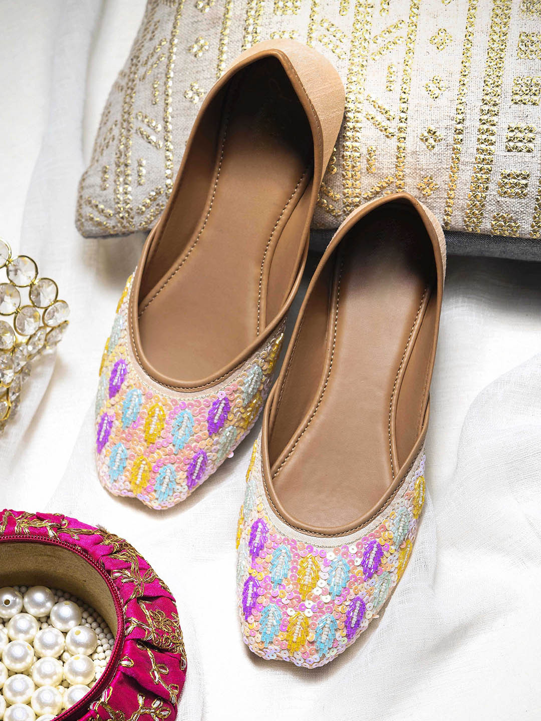 Froh Feet Women Woven Design Ethnic Mojaris with Pastel Sequin Work