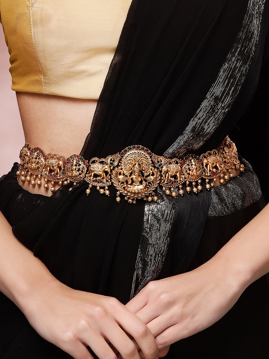 KARATCART Artificial Stones Studded & Beaded Goddess Lakshmi Mata and Elephant Kamarbandh