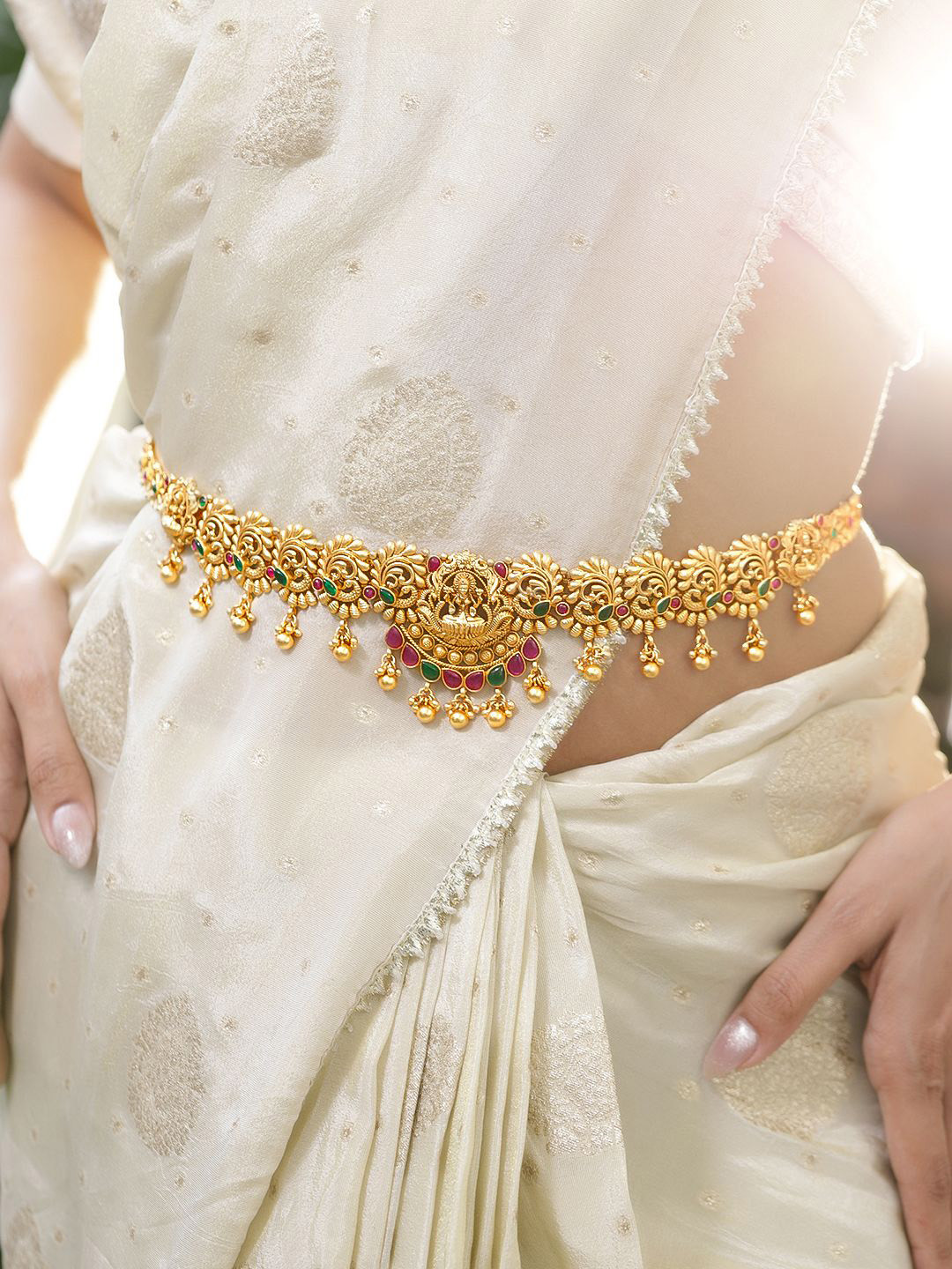 Rubans 22K Gold-Plated Red & Green Stone Temple Waist Chain Kamarbandh with Pearl Drops