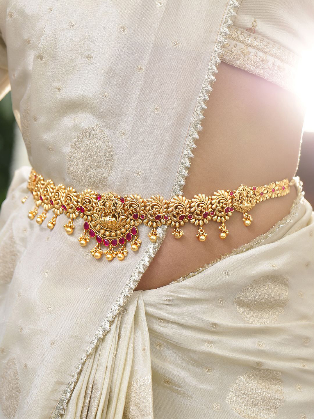 Rubans 22K Gold-Plated Ruby Red Stone Divine Temple Waist Chain Kamarbandh with Pearl Drop