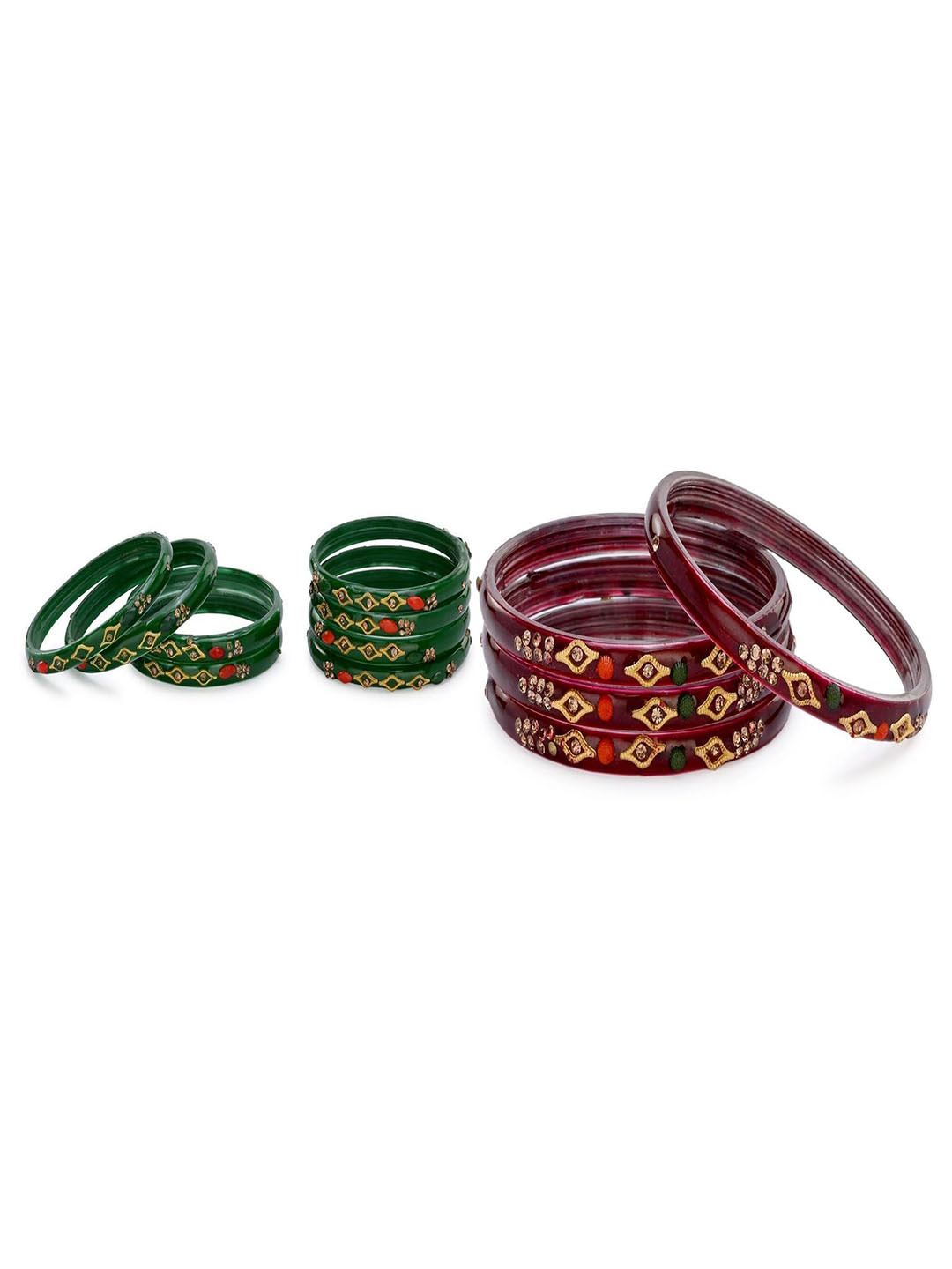 SOMIL Set Of 12 Green And Maroon Glass Artificial Stones & Beads Bangles