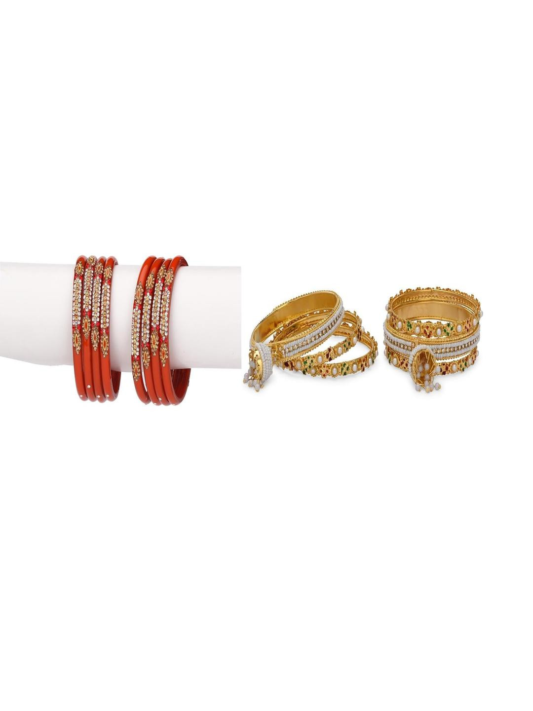 SOMIL Set Of 10 Red & Gold Artificial Stones & Beads Bangles