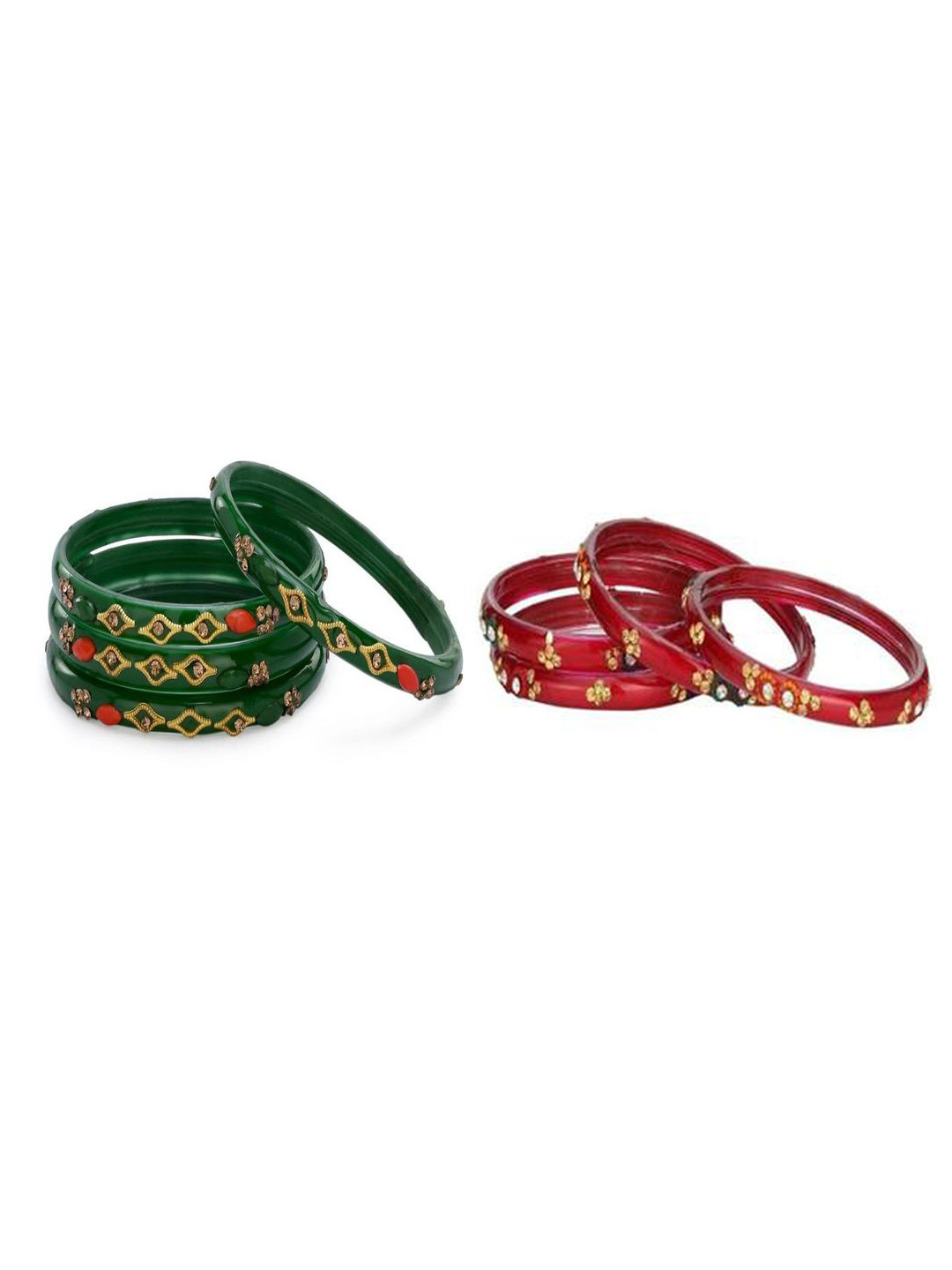 SOMIL Set Of 8 Green And Red Glass Artificial Stones & Beads Bangles