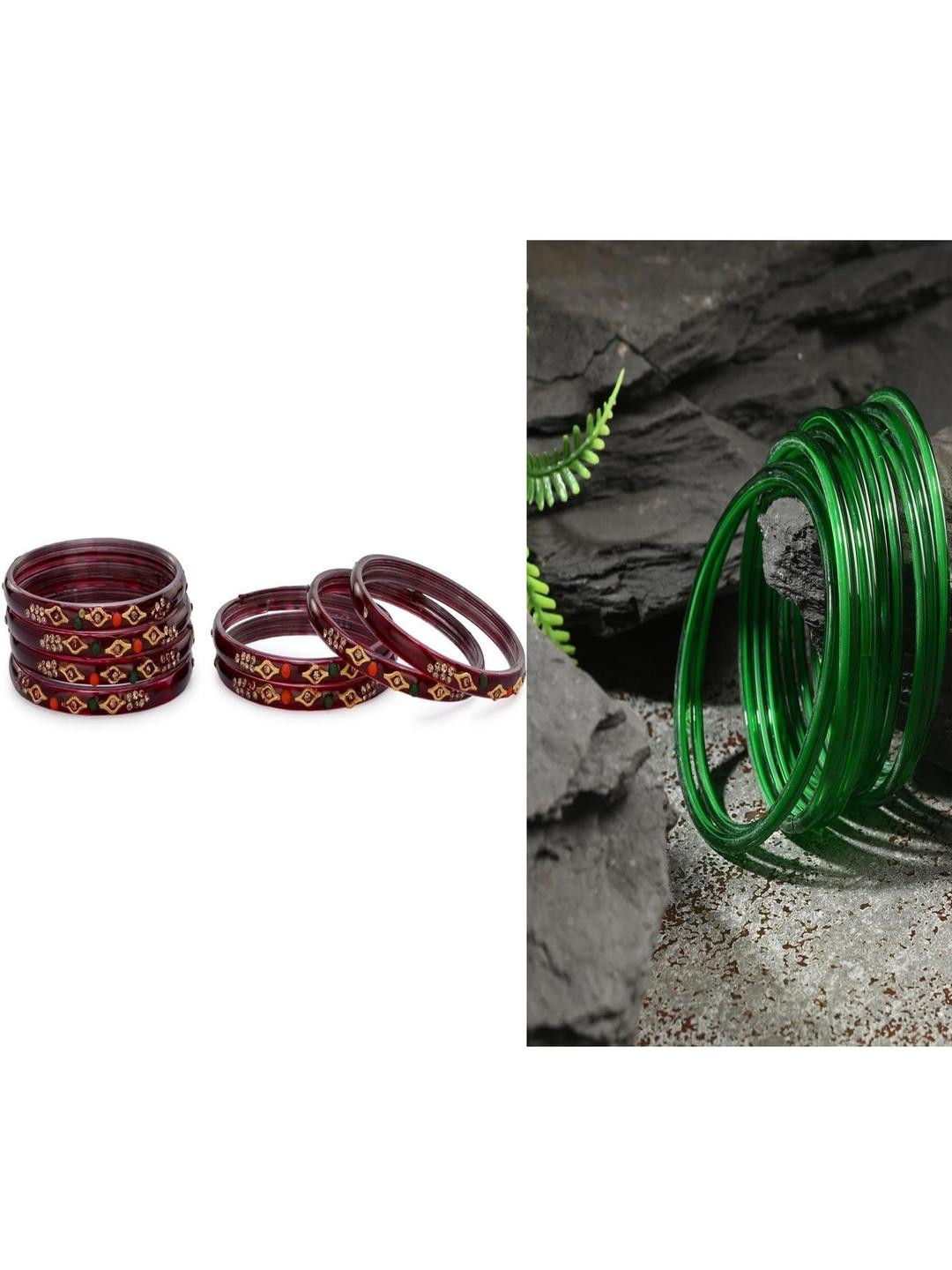 SOMIL Set Of 20 Maroon And Green Glass Artificial Stones & Beads Bangles