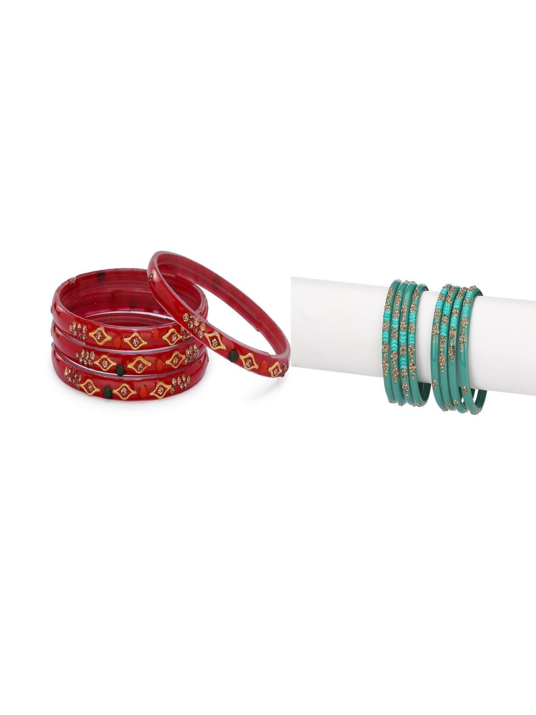 SOMIL Set Of 12 Red And Turquoise Blue Glass Artificial Stones & Beads Bangles