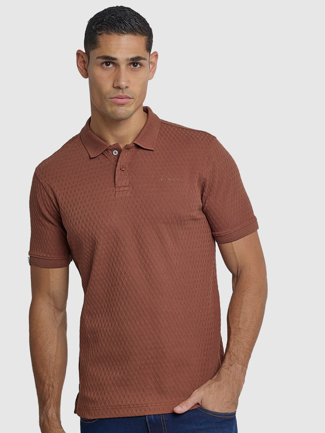 BEN SHERMAN Men Textured Regular Fit Polo Collar T-shirt