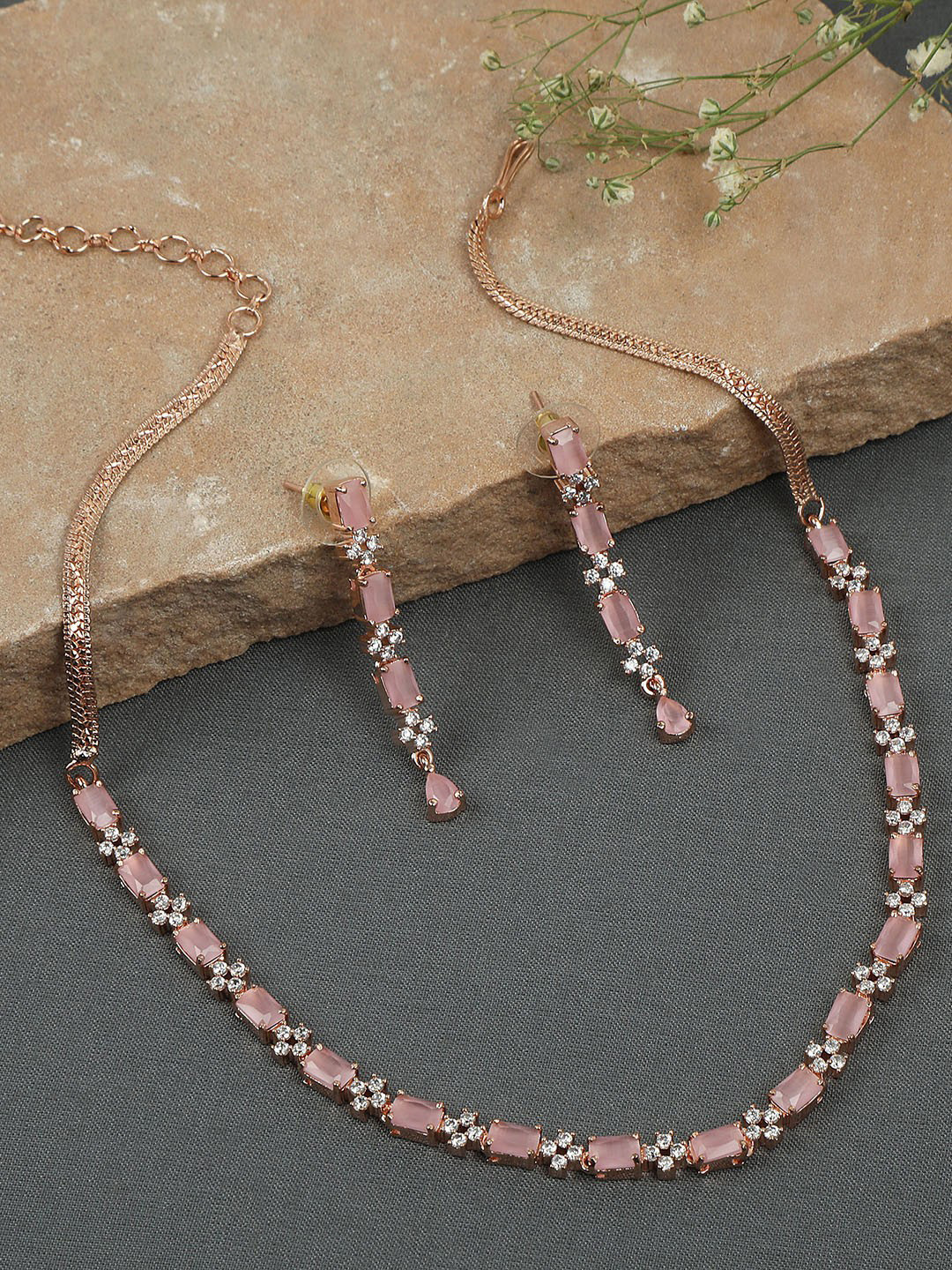 IKSAVA Rose Gold-Plated Gemstone & American Diamond Studded Necklace And Earrings
