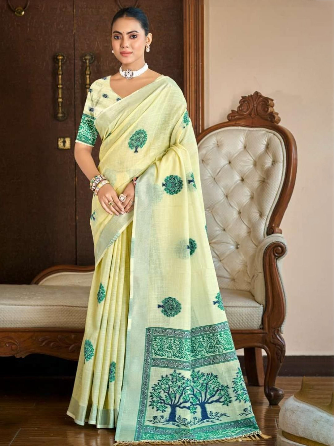 DEVATITHI Yellow Linen Woven Design Zari Saree With Blouse