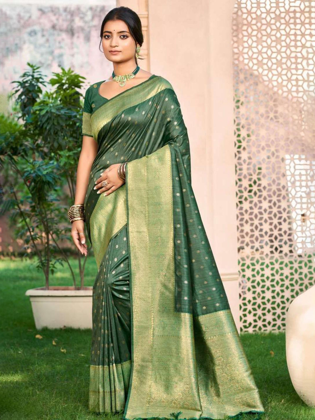 DEVATITHI Ethnic Motifs Woven Design Dark Green Assam Silk Saree