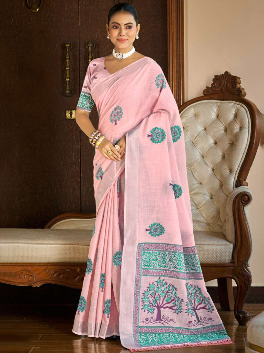 DEVATITHI Dark Pink Ethnic Motifs Printed Zari Border Linen Saree