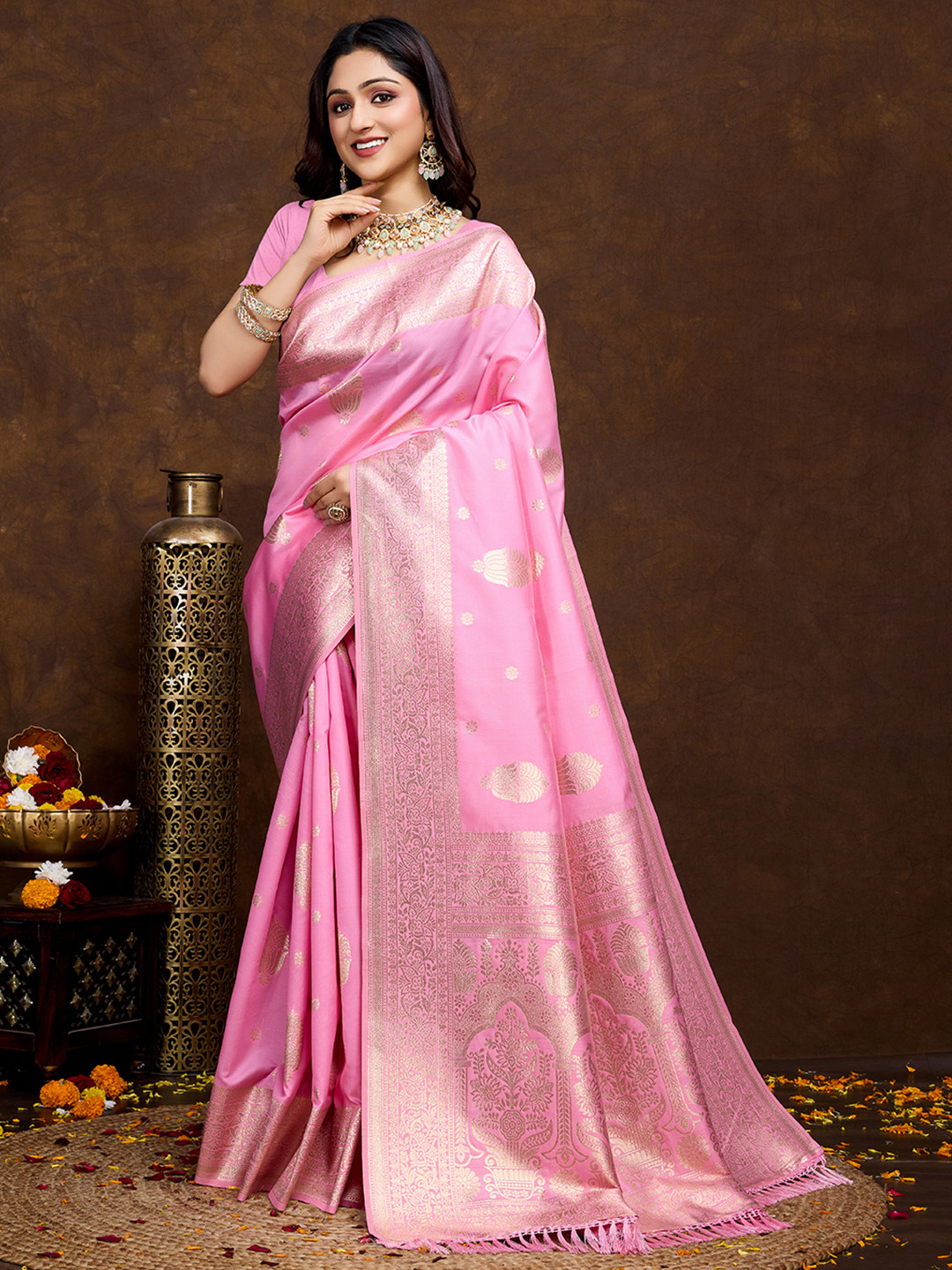Durga Textile Pink Silk Blend Embellished Zari Buta Saree With Unstitched Blouse Piece
