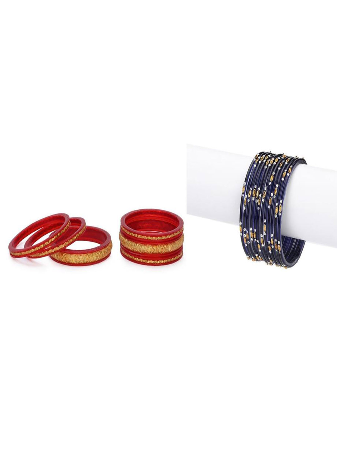 1ST TIME Set Of 2 Golden & Blue & Red Glass Artificial Stones & Beads Bangles