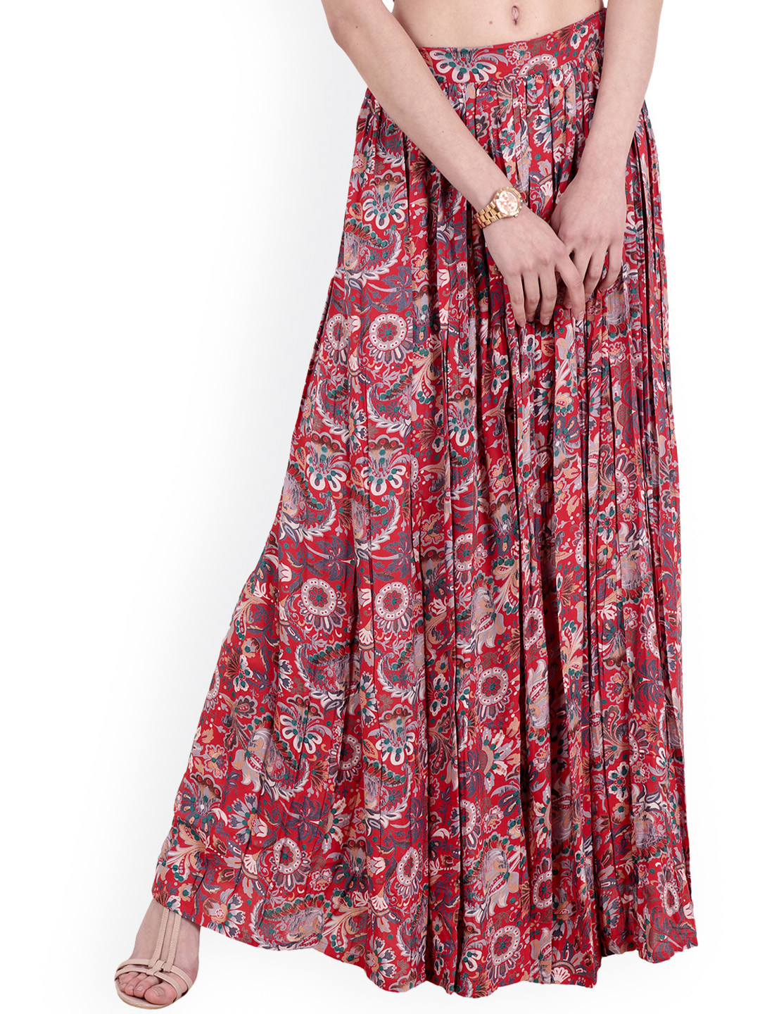 SCORPIUS Red Solid Flared Maxi Skirt