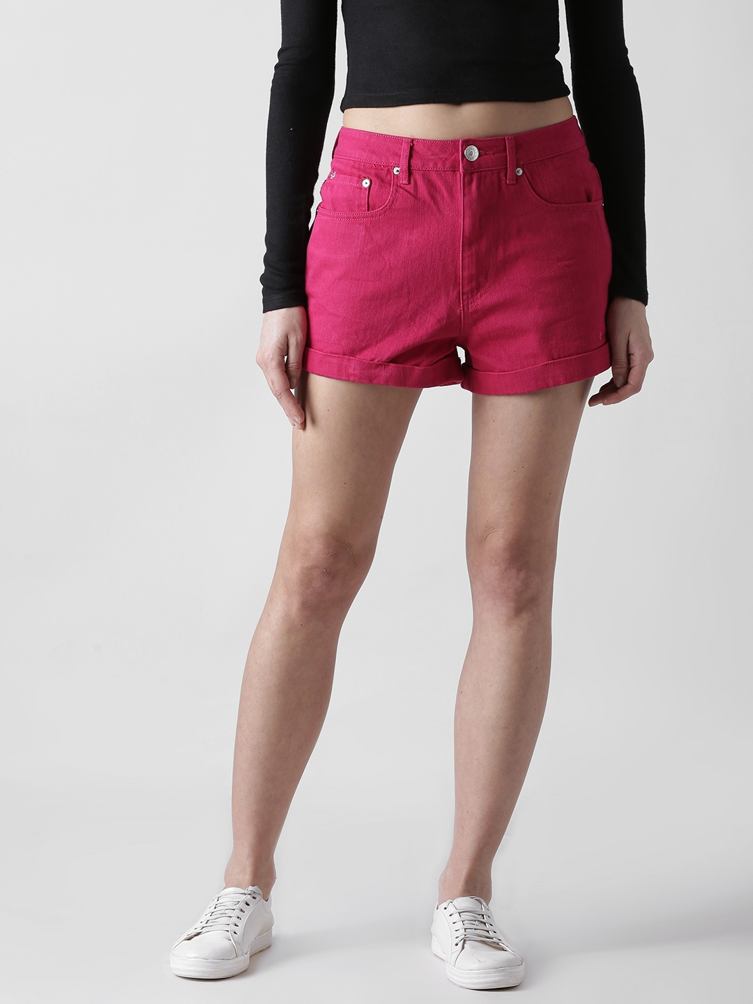FOREVER 21 Women Pink Solid Regular Fit Denim Shorts