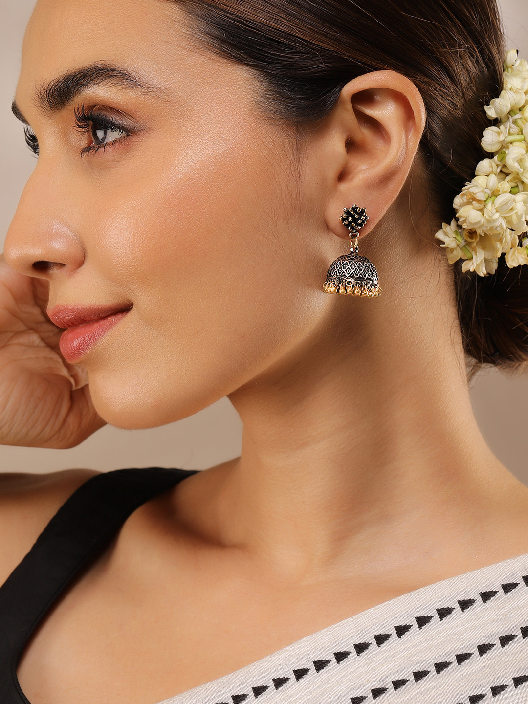 Rubans Oxidised Silver-Plated Dual-Tone with Gold Beaded Drops Jhumka Earrings