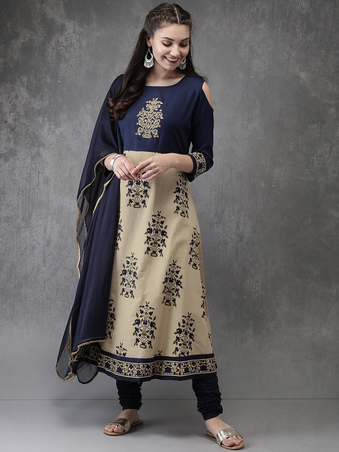 Anouk Women Beige Navy Blue Printed Kurta with Churidar Dupatta