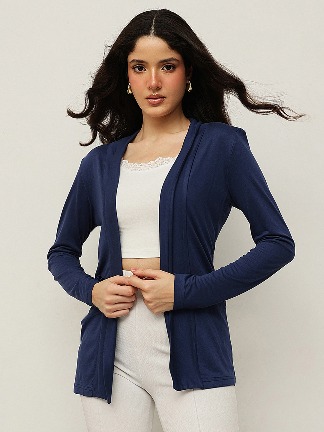 Espresso Navy Blue Solid Open Front Shrug