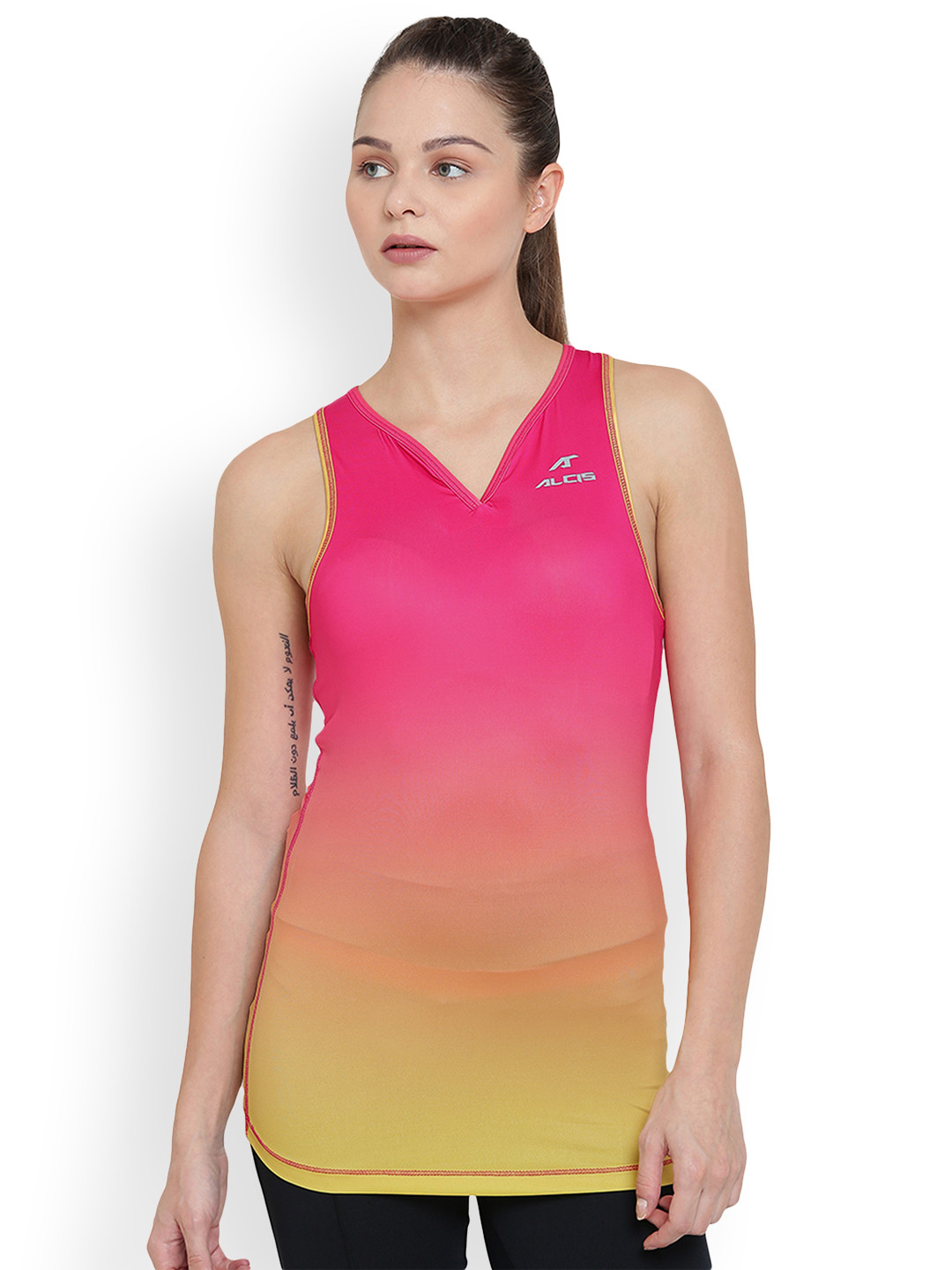 Alcis Women Pink & Yellow Solid Tank Top