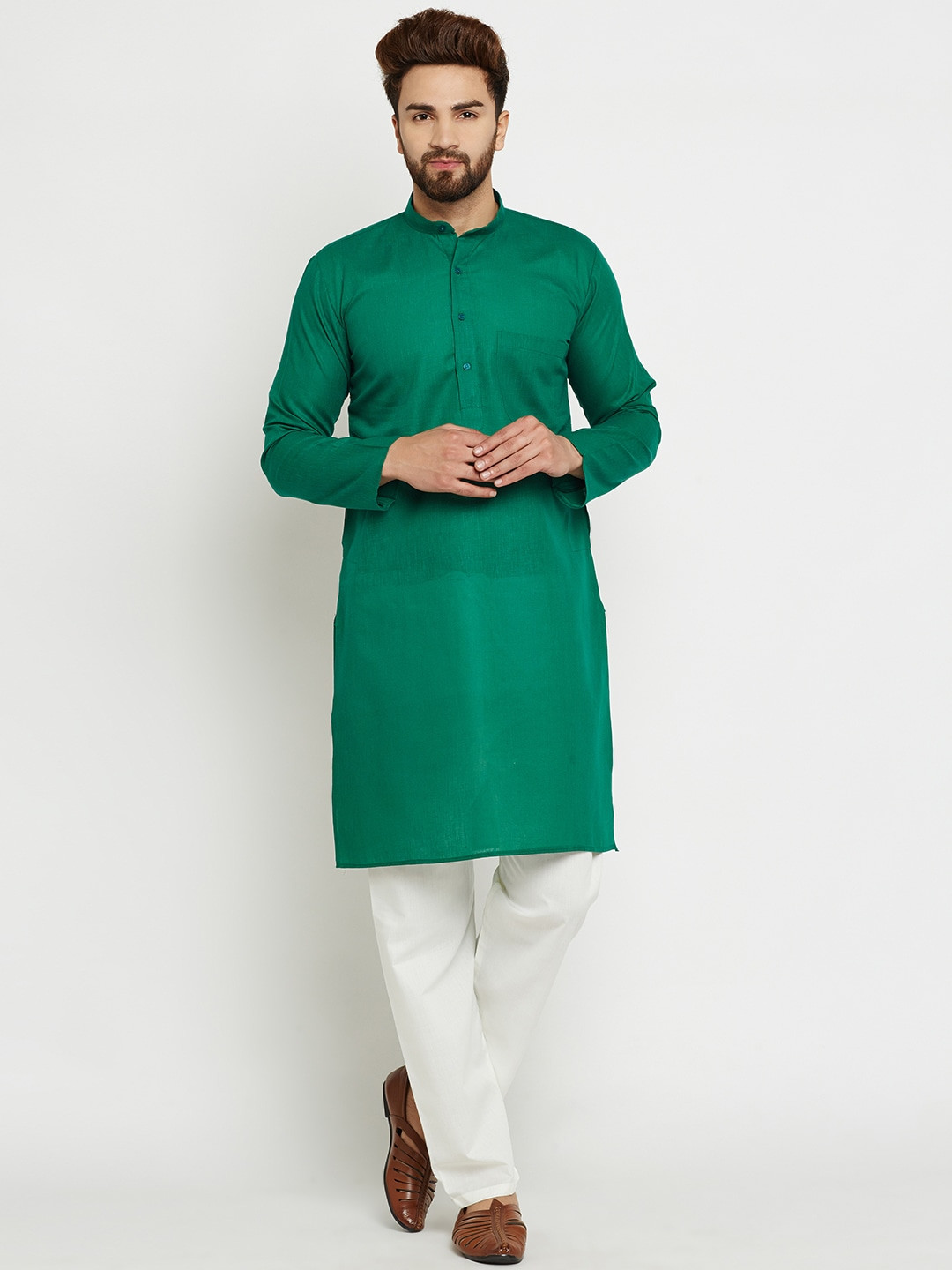 SOJANYA Men Green Solid Straight Kurta