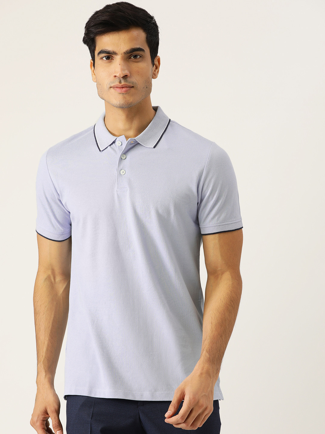 MANGO MAN Blue Solid Slim Fit Polo Collar Pure Cotton T-shirt