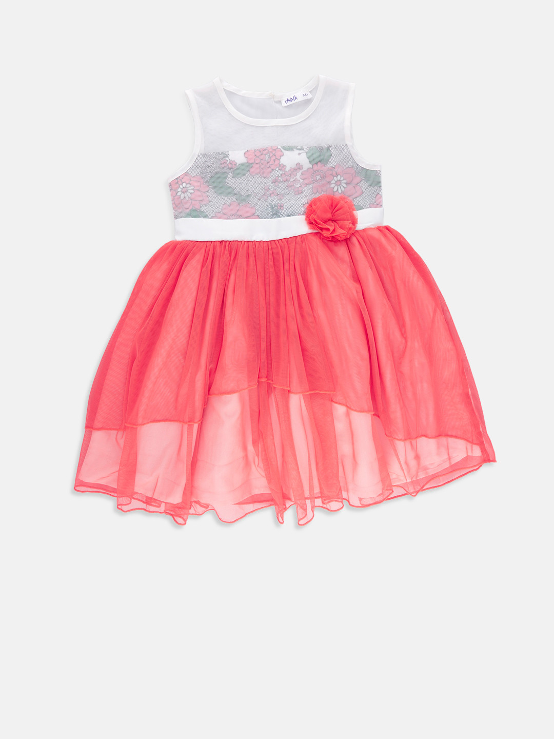 CHALK by Pantaloons Girls White & Coral Printed Fit and Flare Dress