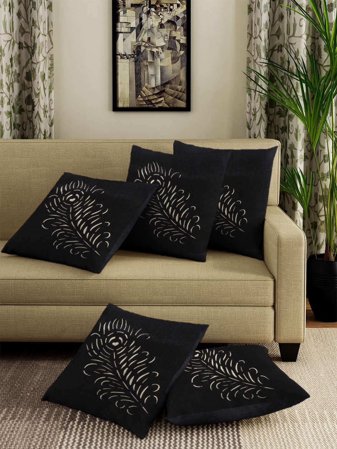 Buy ROMEE Black Set Of 5 Floral Square Cushion Covers Cushion