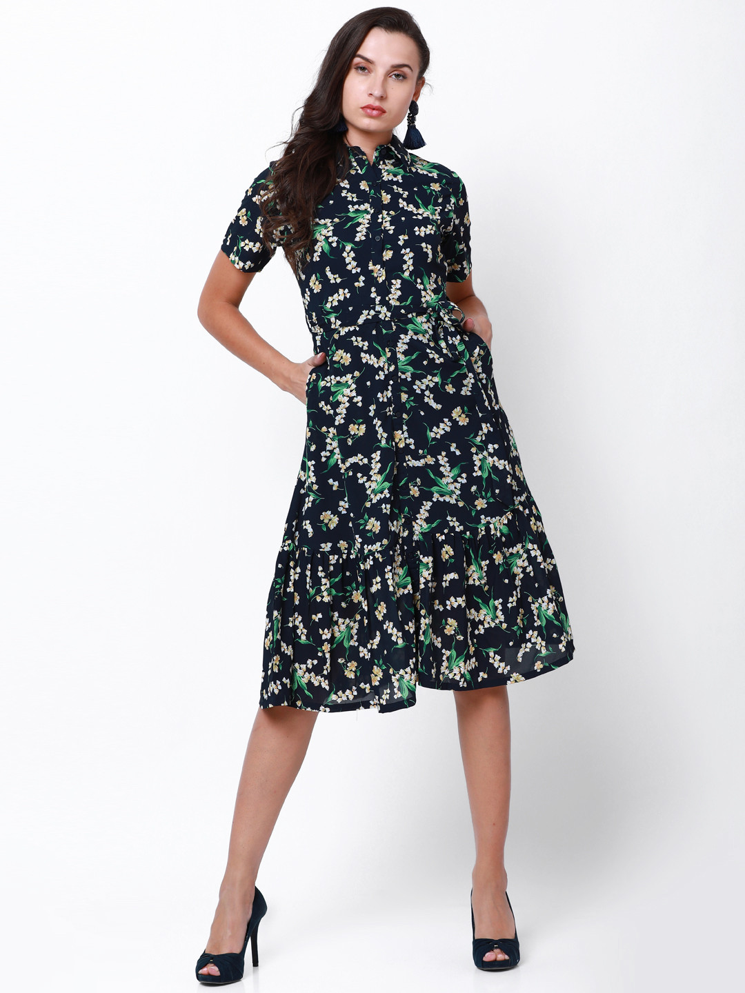 Tokyo Talkies Women Navy Blue Printed Fit and Flare Dress