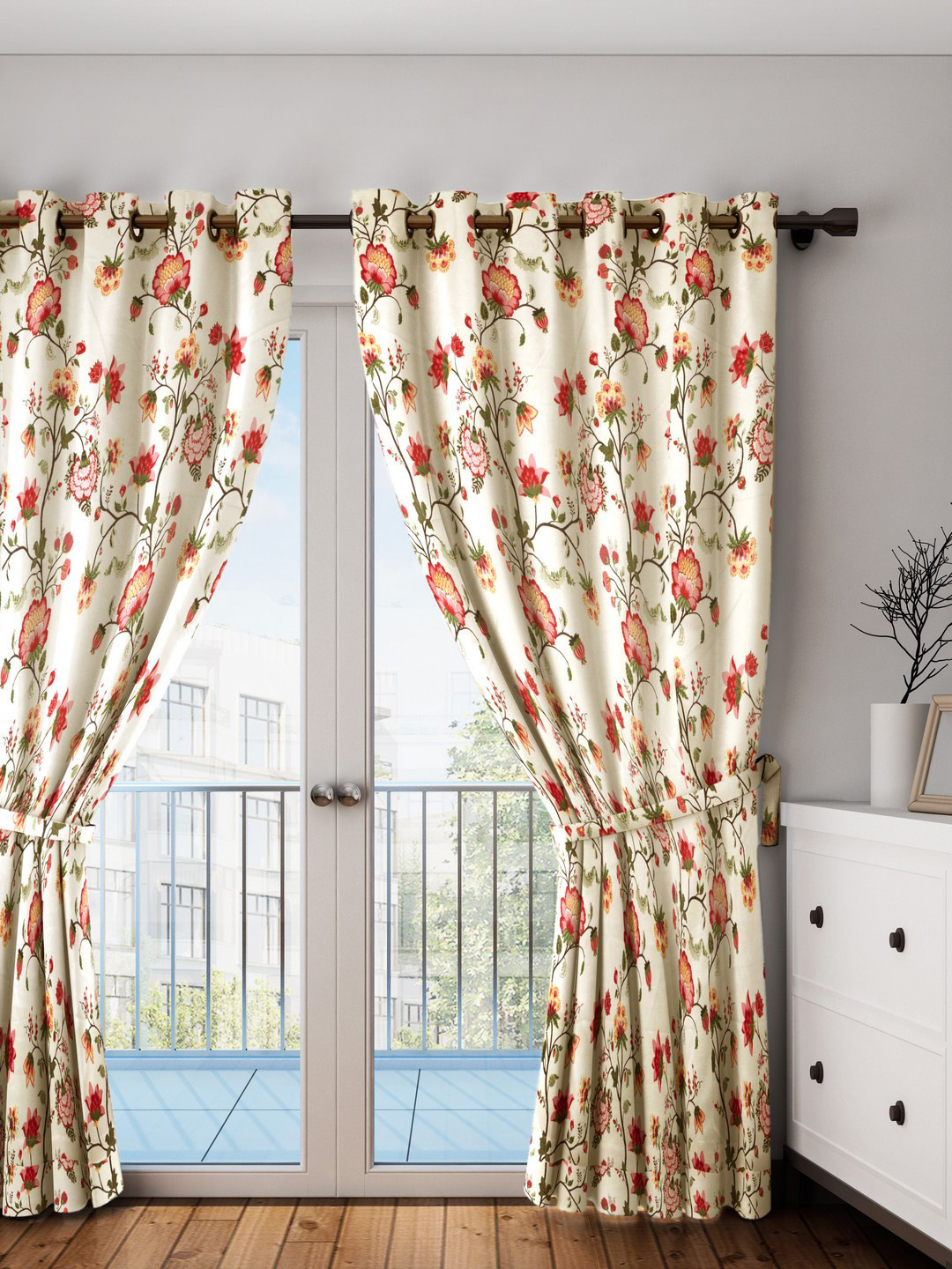 SWAYAM Cream-Coloured & Red Printed Black Out Door Curtains