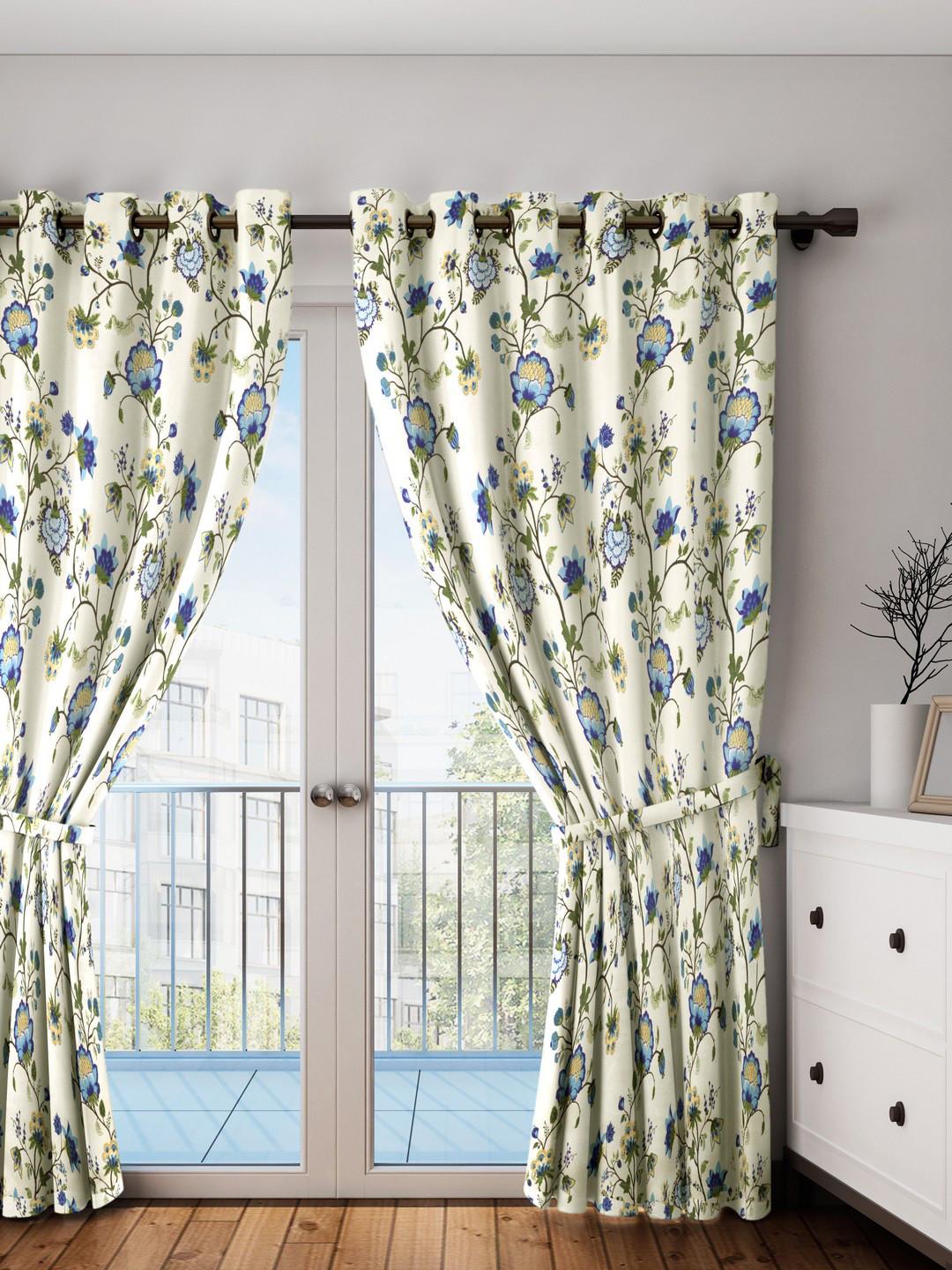 SWAYAM Cream-Coloured & Blue Printed Black Out Door Curtains