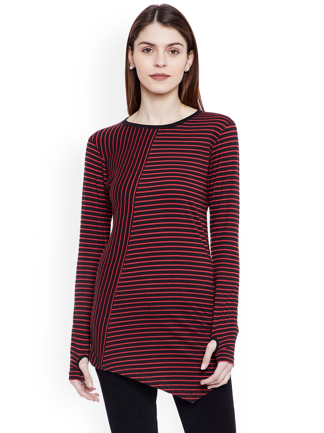 Hypernation Women Red   Black Striped Round Neck Slim Fit T shirt