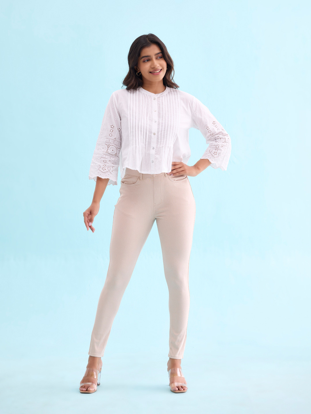 Go Colors Beige Solid Super Stretch Jeggings