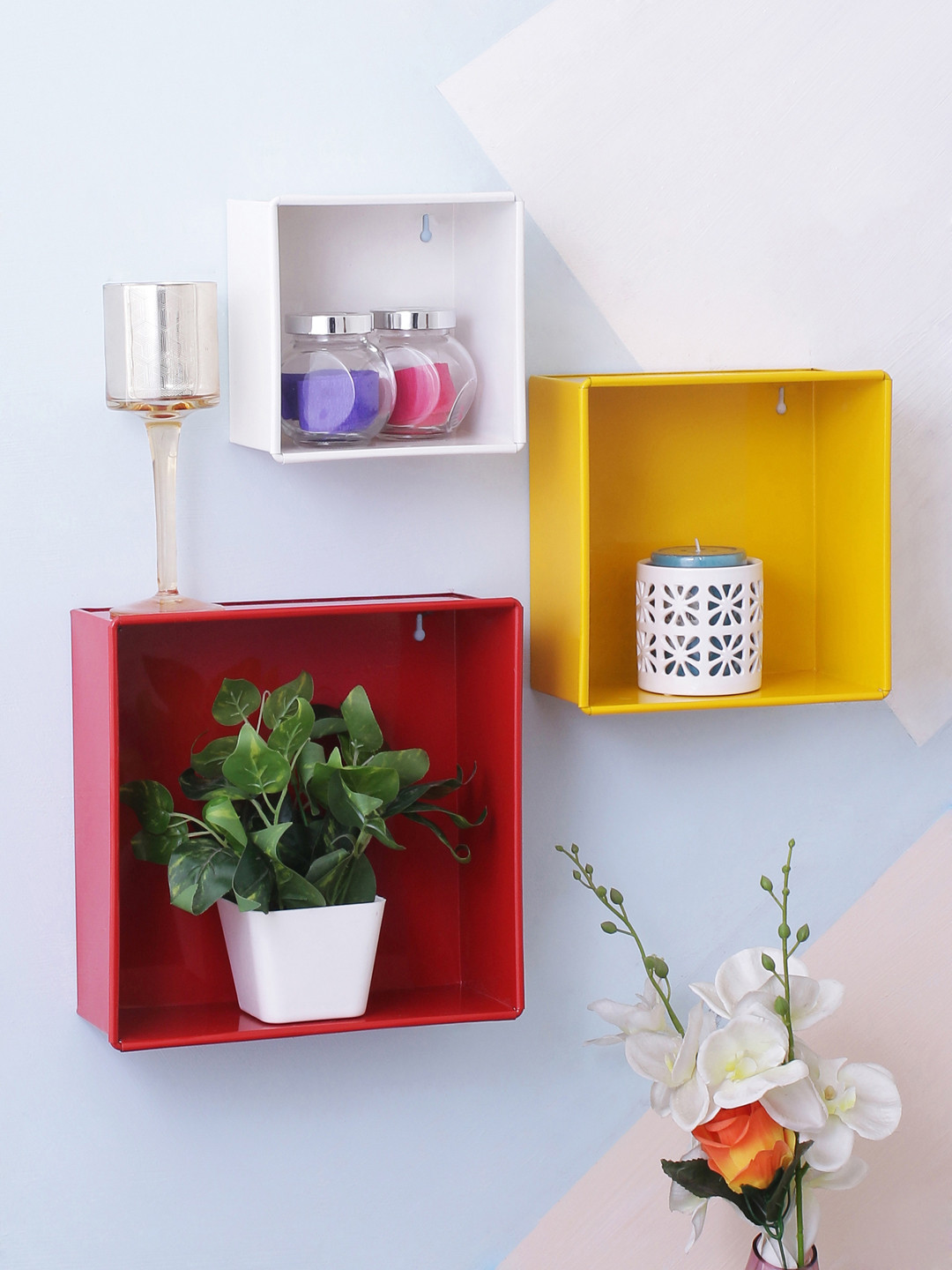 Home Sparkle Red & Yellow Metal Basic Wall Shelf